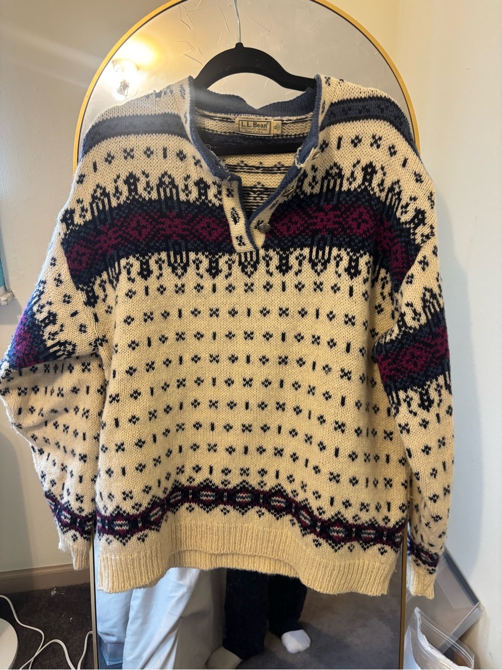 L.L. Bean Cream Sweater with Navy & Burgundy Fair Isle Accents